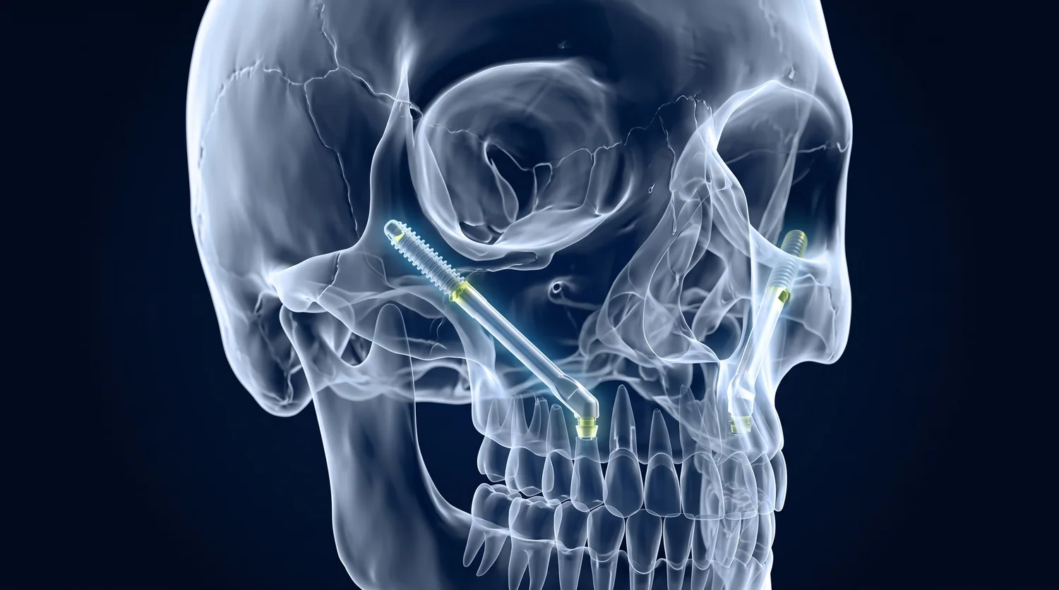 Ilustração 3D de implantes zigomáticos apoiados no osso da maçã do rosto